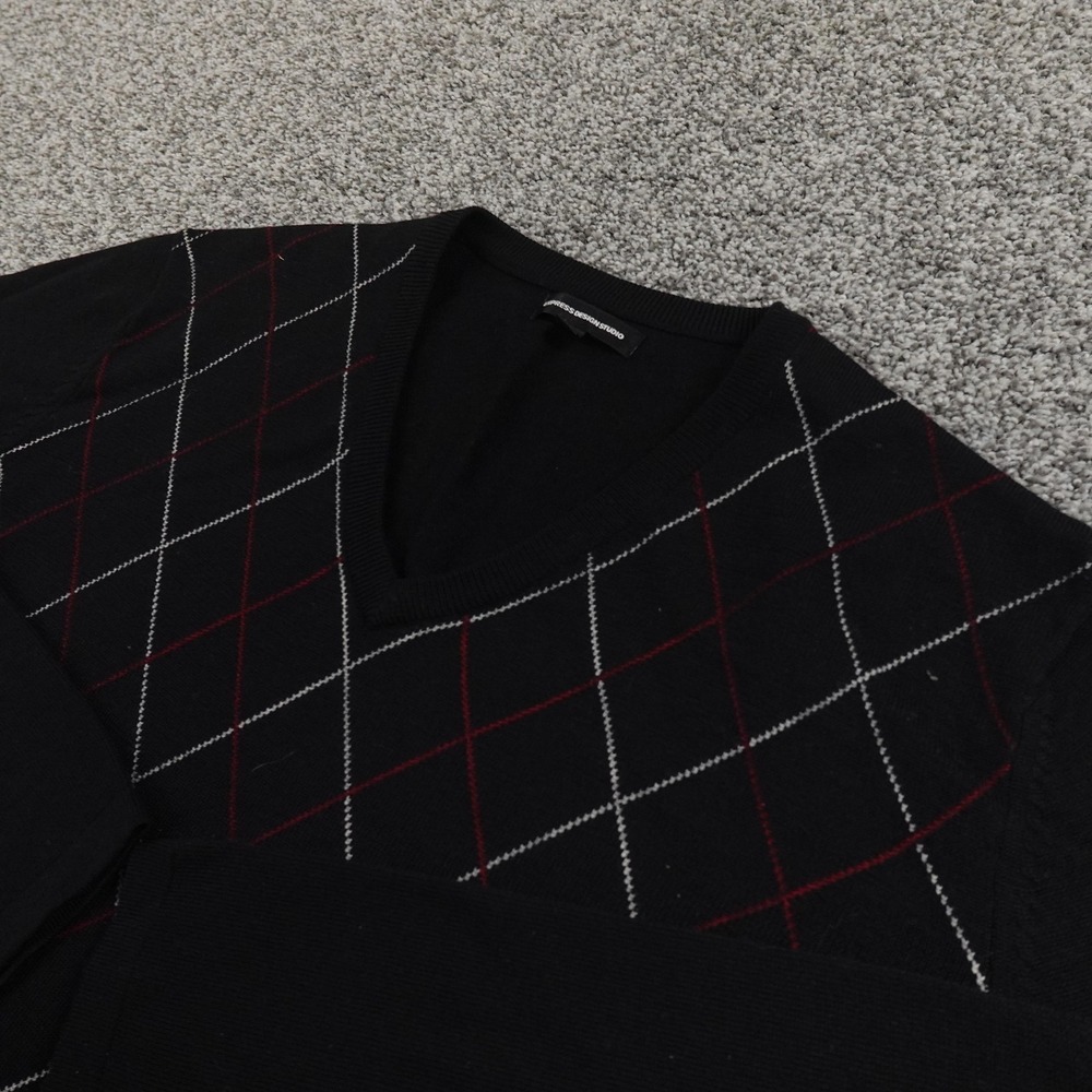 Express Sweater Mens XL Black Merino Wool V Neck Argyle Pullover Academia Cozy